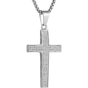 Silver Iced Out Cross Cz Inlay Pendant 18k Plated Steel Hip-Hop Necklace 24"